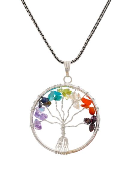 7 Chakra Pendant Tree of Life Crystal Stone Pendant Locket with Metal Chain for  Healing Crystal Healing Gemstone Size 35-40 mm clear quarts7 chakra