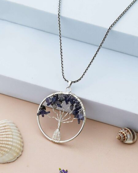Sodalite Pendant Tree of Life Crystal Stone Pendant Locket with Metal Chain for  Healing Crystal Healing Gemstone Size 35-40 mm soda lite