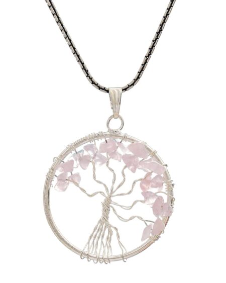 Rose Quartz Pendant Tree of Life Crystal Stone Pendant Locket with Metal Chain for  Healing Crystal Healing Gemstone Size 35-40 mm rose quarts