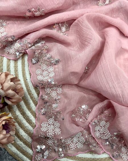 Women's Soft Pink Organza Saree with Delicate Pearl & Sequin Floral Embroidery – Lightweight Sheer Drape for Festive, Wedding & Party Wear