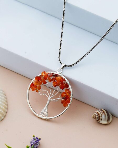 Carnelian Pendant Tree of Life Crystal Stone Pendant Locket with Metal Chain for  Healing Crystal Healing Gemstone Size 35-40 mm Carnelian