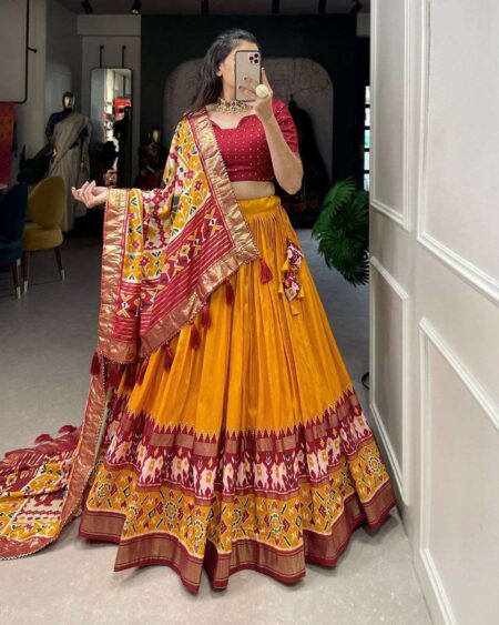 Women's Tussar Silk Patola Print Lehenga Choli Dupatta Set