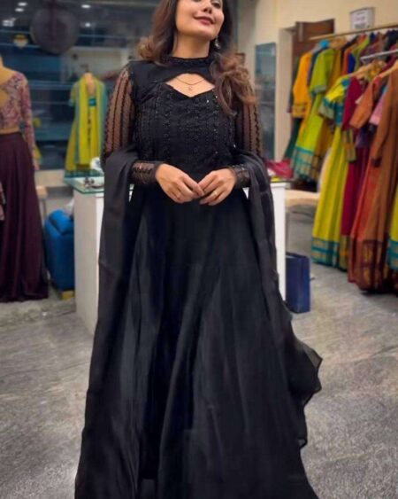 Women's Silk Heavy Embroidery Sequence Work Long Anarkali Kurti With Pant and Dupatta Set