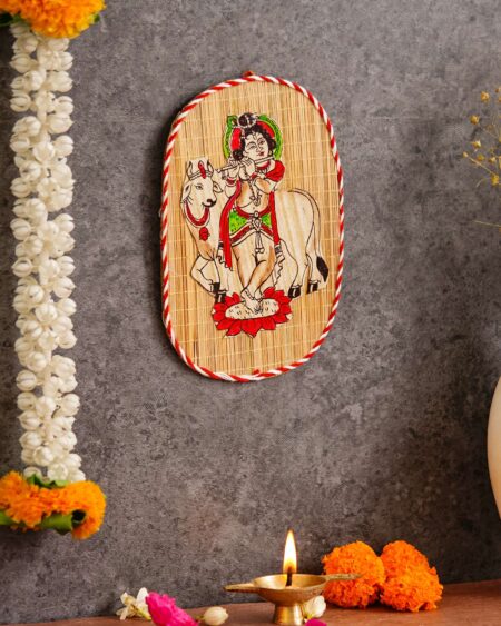 Oval Shaped Design Bamboo Hand Crafted Wall Hangings Of Bal Gopal With Holy Cow For Home Decor | Bamboo Art For Wall Decor